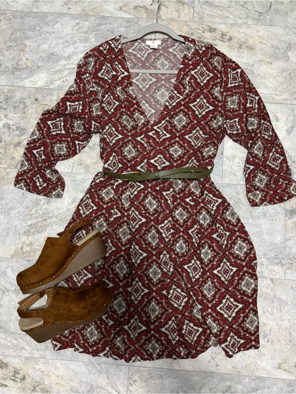 H&M Burgundy Geometric Midi Wrap Dress